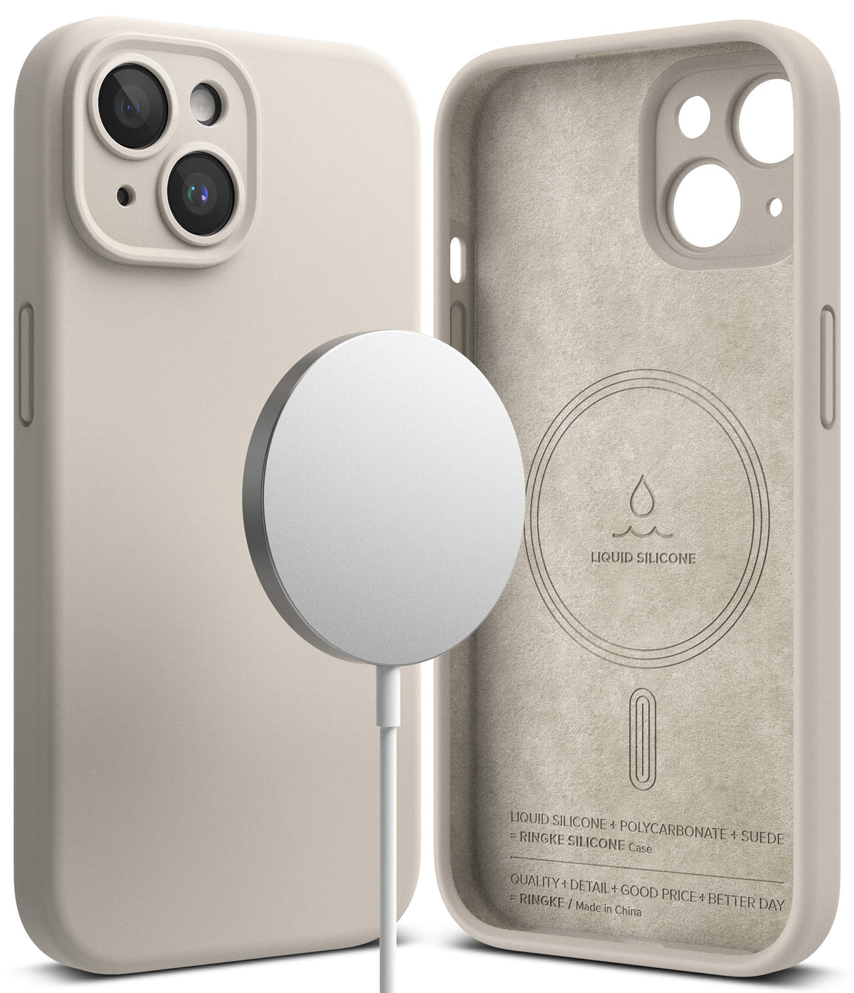 iPhone 15 Plus Case | Silicone Magnetic - Stone-colored silicone case with magnetic charger and suede interior.