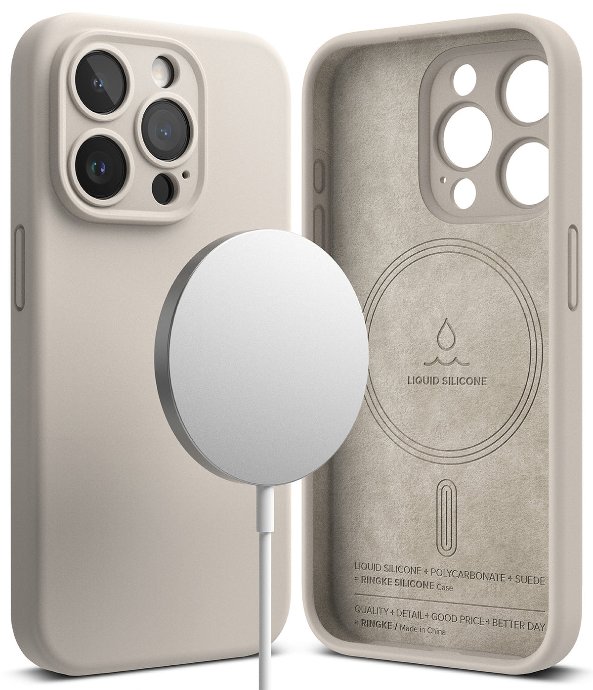 iPhone 15 Pro Case | Silicone Magnetic - Stone-colored silicone case shown from back and interior with magnetic charger.