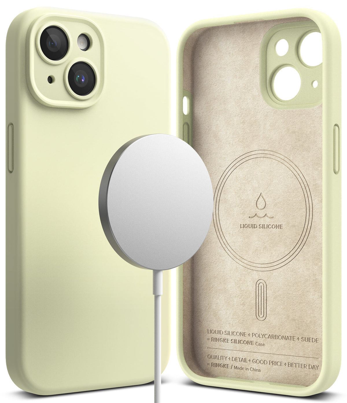iPhone 15 Plus Case | Silicone Magnetic - Sunny lime silicone case with magnetic charger and suede-lined interior.