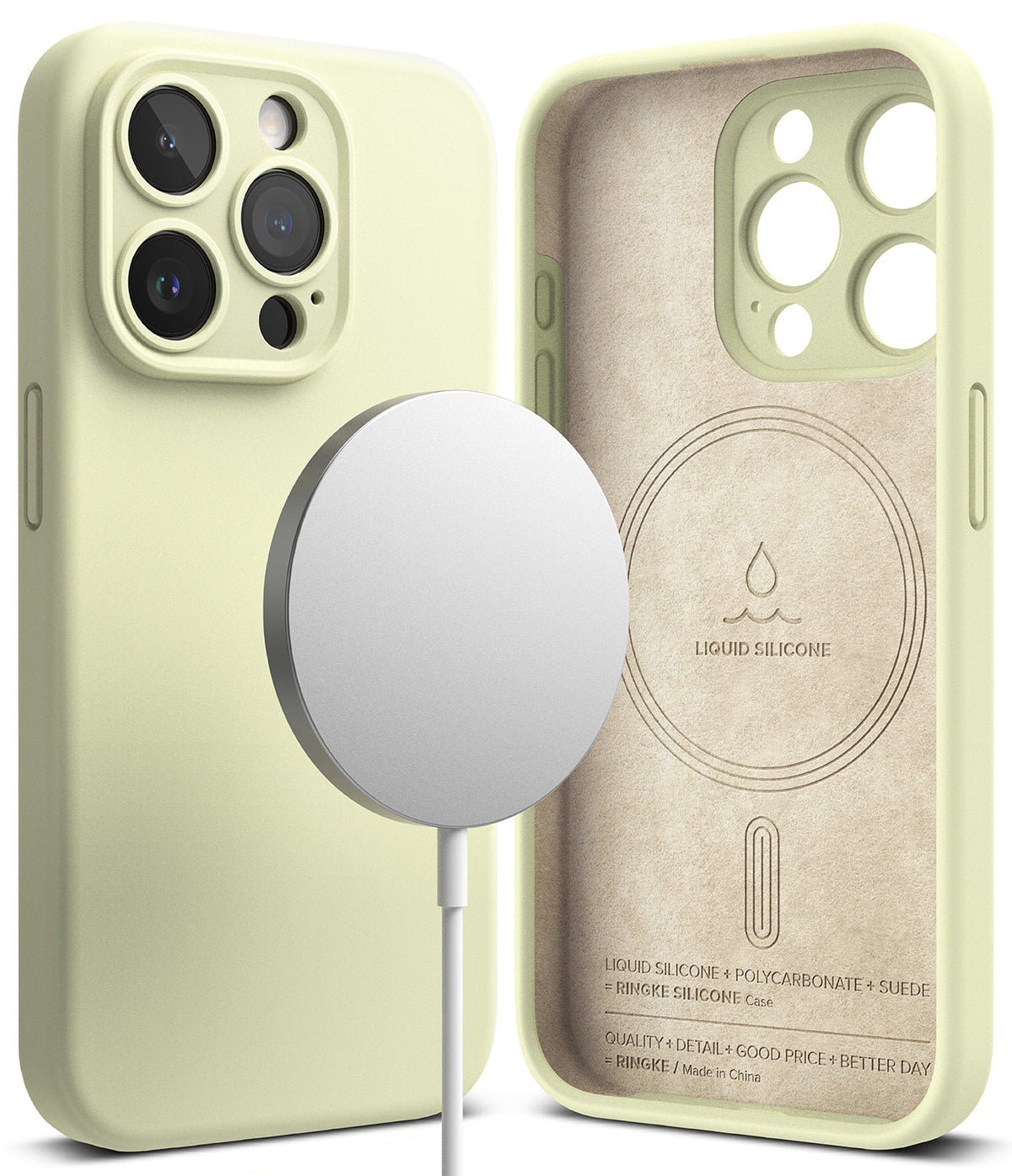 iPhone 15 Pro Case | Silicone Magnetic - Sunny lime silicone case with magnetic charger and suede-lined interior.