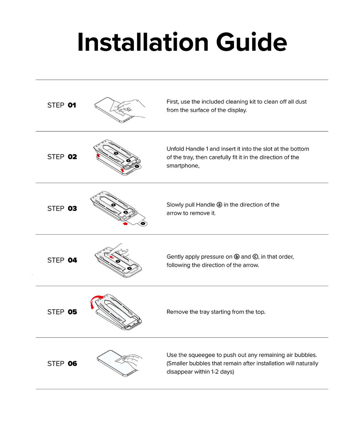 iPhone 15 Pro Screen Protector | Easy Slide Tempered Glass - iPhone 15 Pro Screen Protector - Six-step illustrated guide for installing a tempered glass screen protector using a tray.