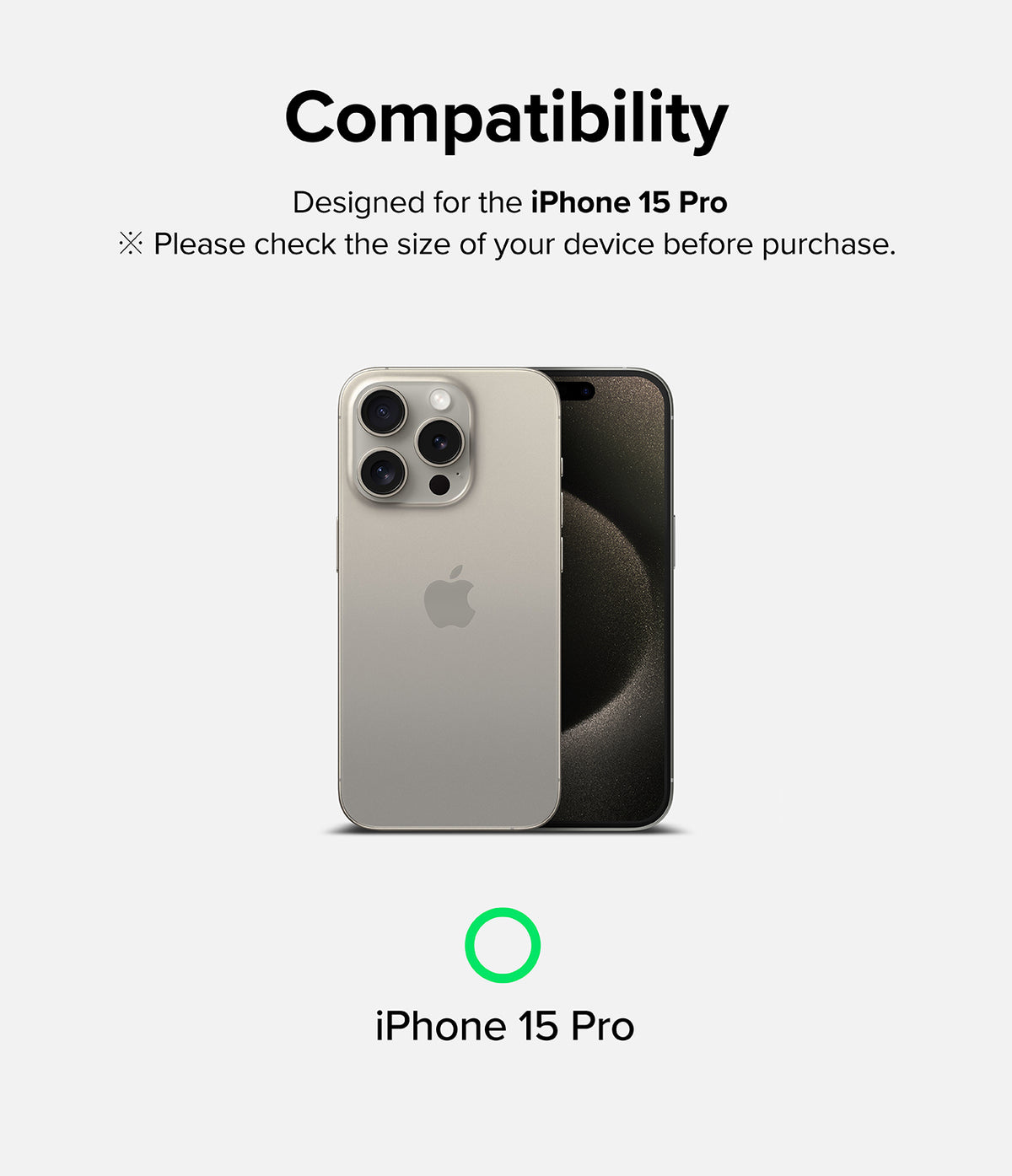 iPhone 15 Pro Screen Protector | Easy Slide Tempered Glass - iPhone 15 Pro Screen Protector - Compatibility graphic showing an iPhone 15 Pro with text confirming device model.