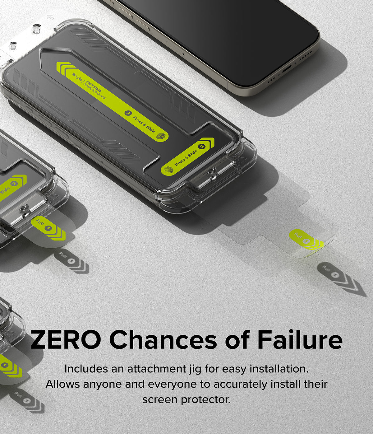 iPhone 15 Pro Screen Protector | Easy Slide Tempered Glass - iPhone 15 Pro Screen Protector - Easy slide installation kit with numbered tabs for precise tempered glass application.