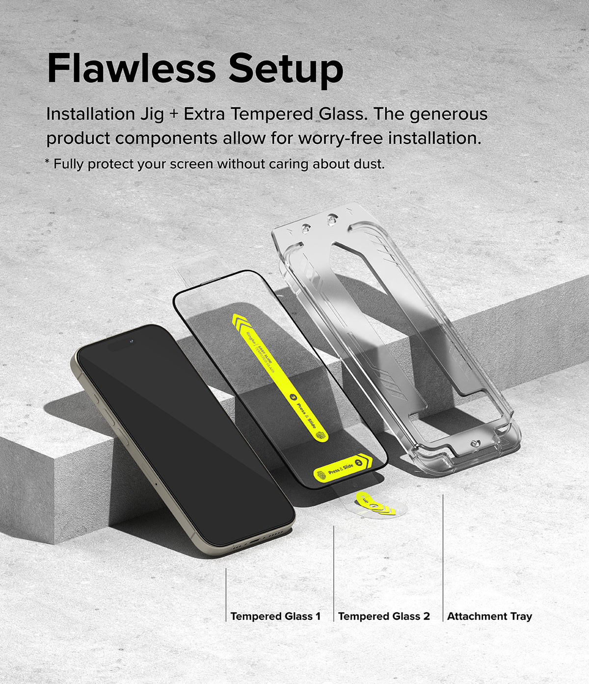 iPhone 15 Pro Screen Protector | Easy Slide Tempered Glass - iPhone 15 Pro Screen Protector - Smartphone, two tempered glass sheets with yellow tabs, and an installation alignment tray.