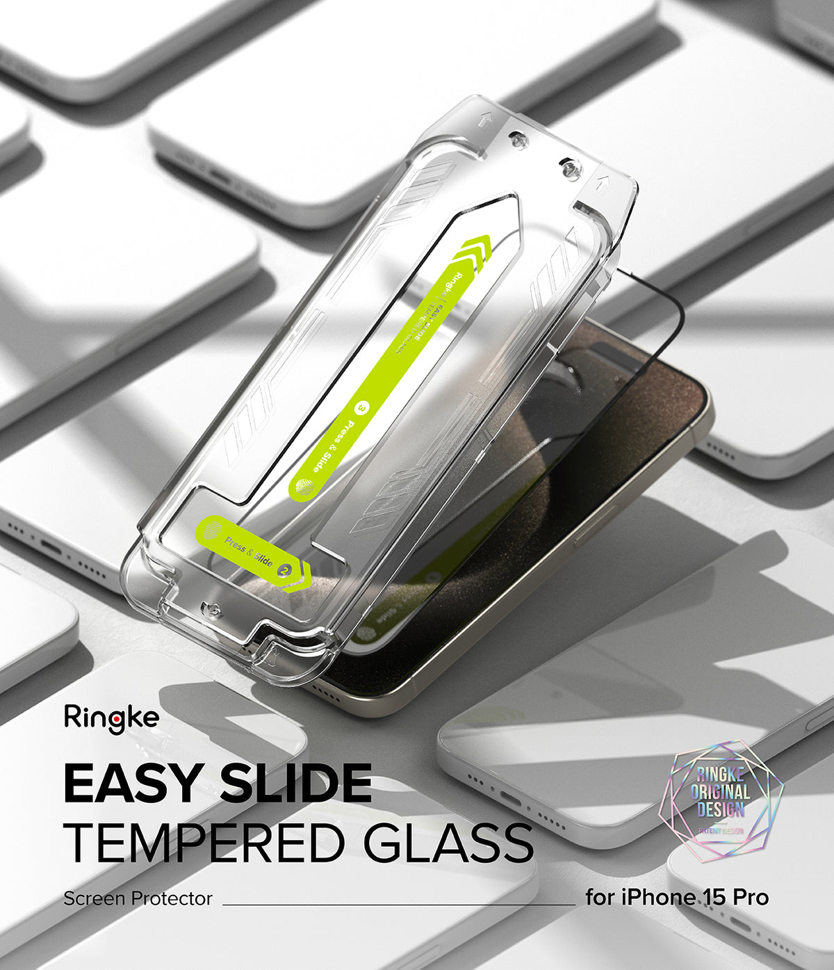 iPhone 15 Pro Screen Protector | Easy Slide Tempered Glass - iPhone 15 Pro Screen Protector - Clear installation frame with green slide guide hovering over an iPhone 15 Pro.