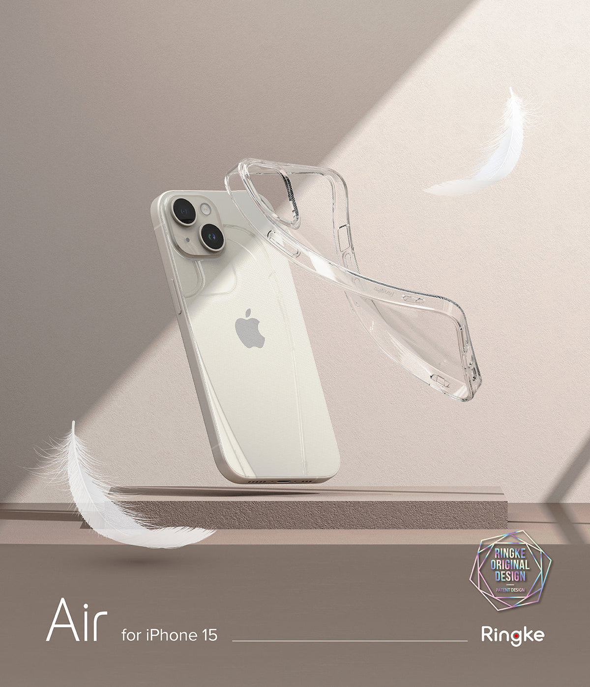 iPhone 15 Case | Air - A clear iPhone 15 case floating next to a phone with white feathers against a beige background.