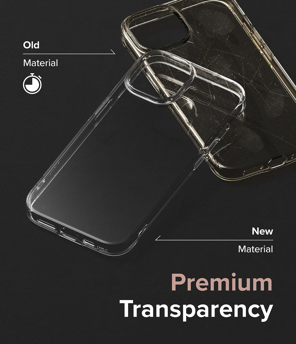 iPhone 15 Case | Air - Comparison of a yellowed, scratched old case and a clear, pristine new phone case.