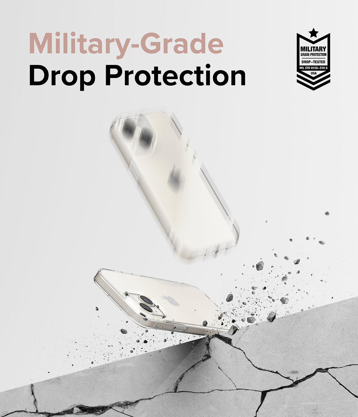 iPhone 15 Case | Air - Clear iPhone case bouncing off a cracked concrete surface with military-grade protection badge.