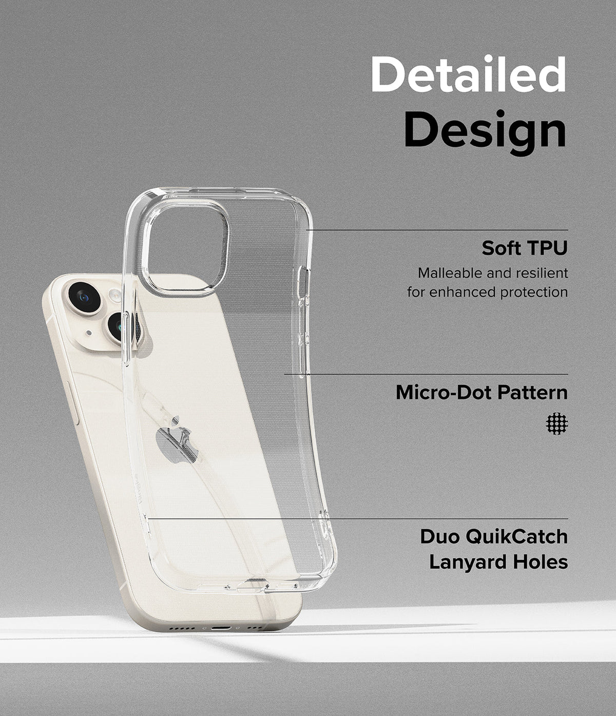 iPhone 15 Case | Air - Clear phone case showing TPU material, micro-dot pattern, and lanyard holes with descriptive text.