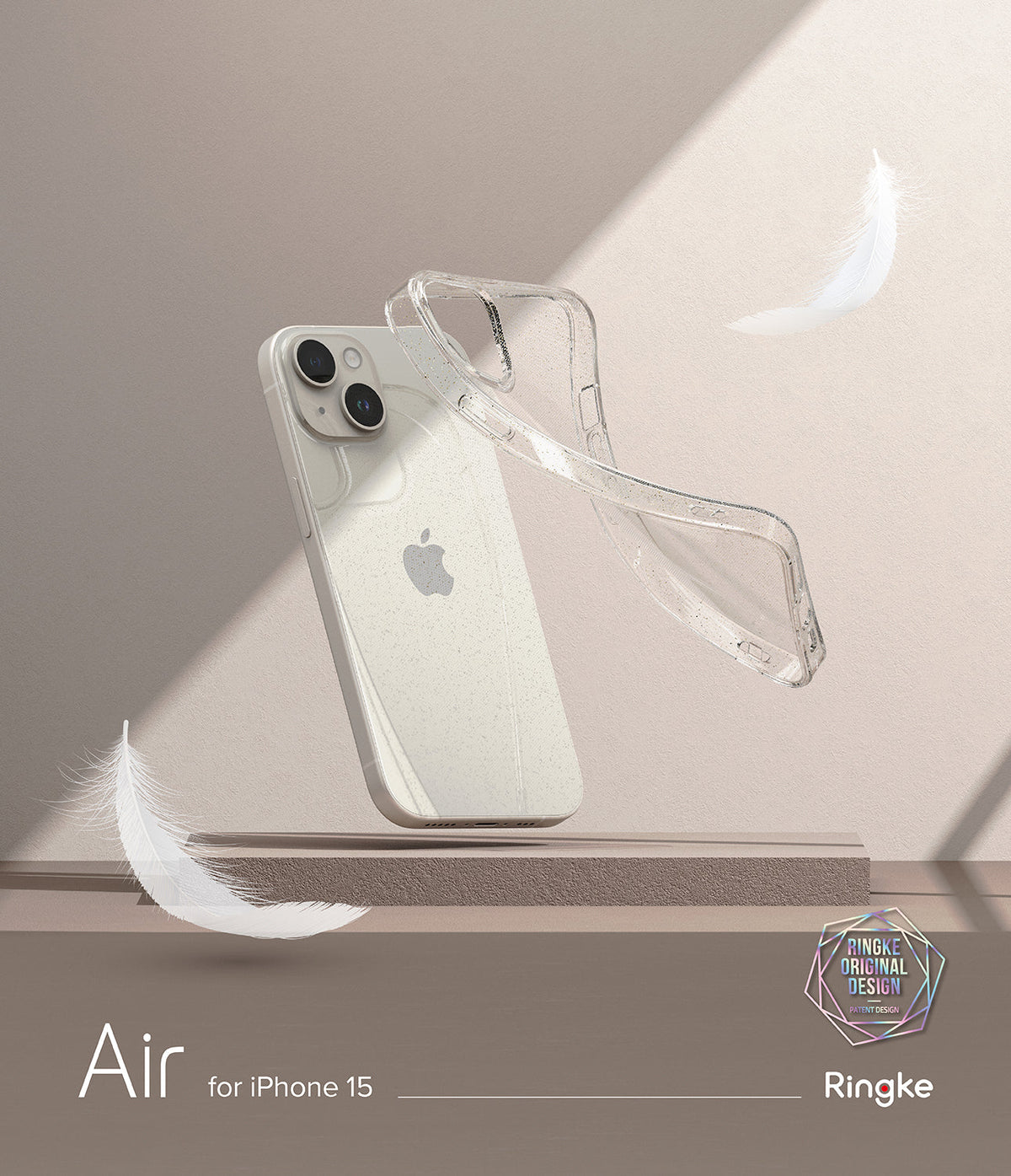 iPhone 15 Case | Air - A clear, lightweight iPhone 15 case floating next to a white phone with two feathers on a beige background.