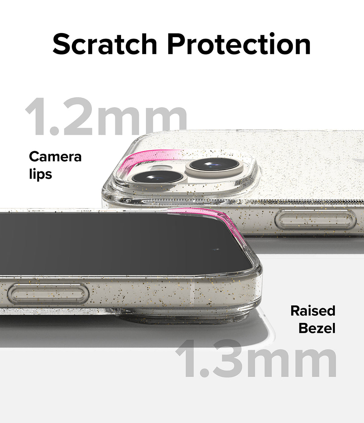 iPhone 15 Case | Air - Clear glitter case showing 1.2mm camera lips and 1.3mm raised screen bezel for scratch protection.