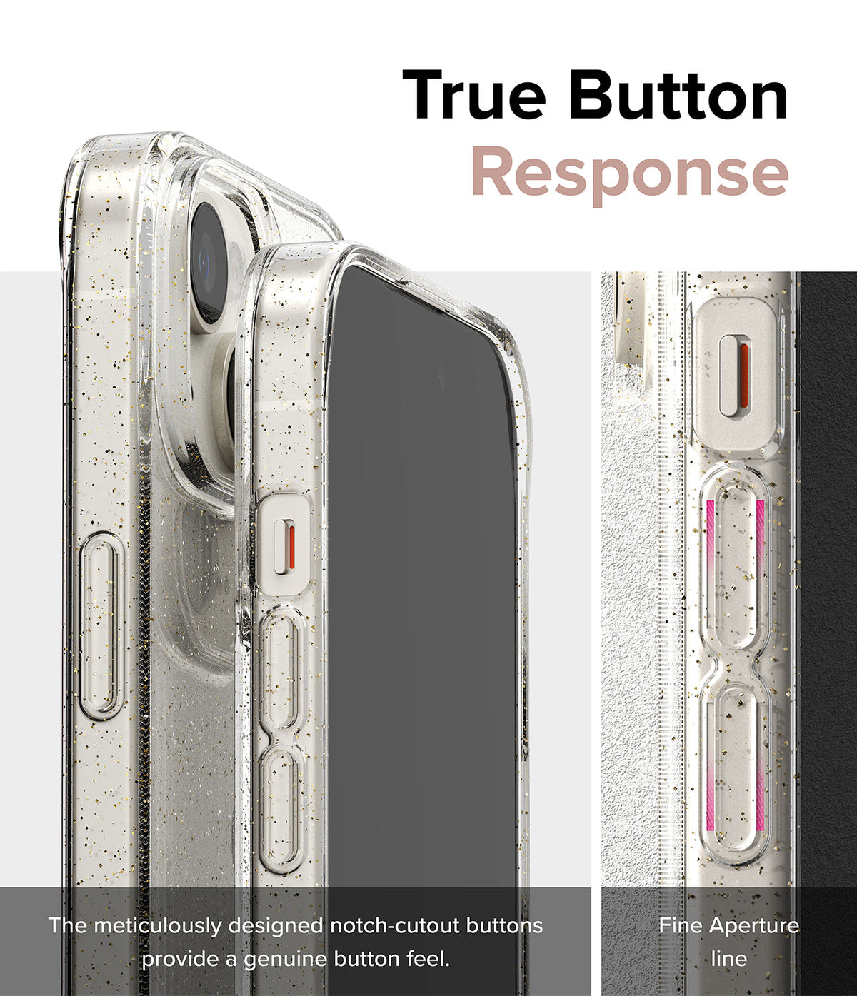 iPhone 15 Case | Air - Clear glitter phone case showing precise button cutouts and fine aperture lines for tactile feedback.
