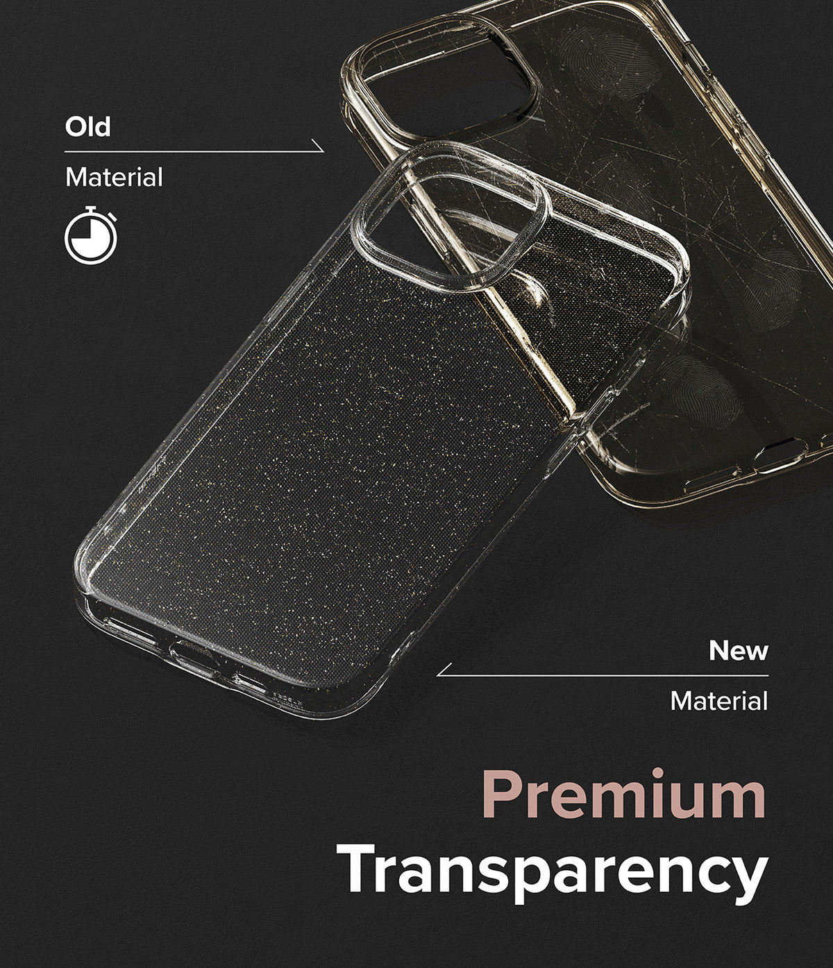 iPhone 15 Case | Air - Comparison of a yellowed, scratched old phone case and a clear, pristine new premium material case.