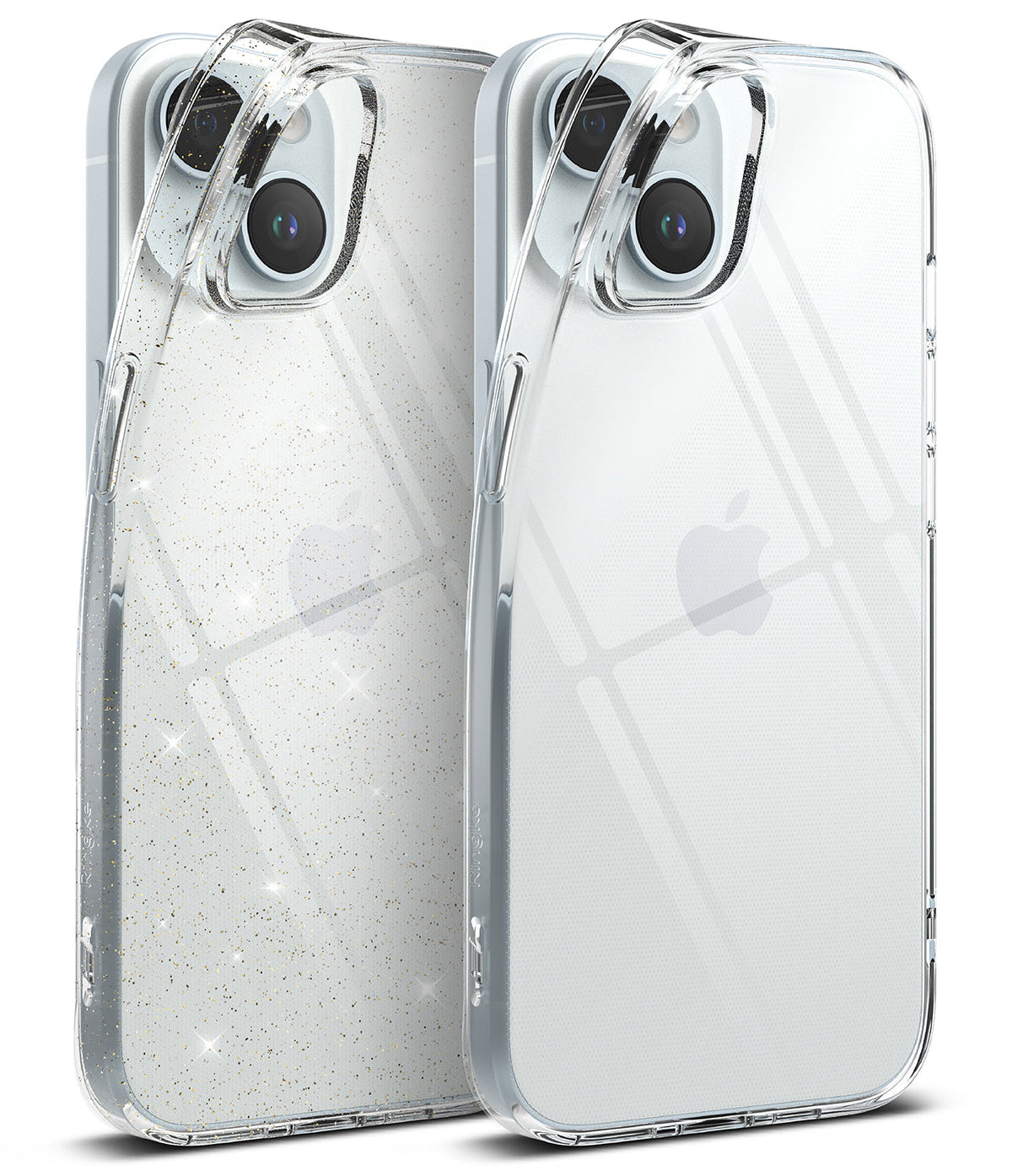 iPhone 15 Case | Air - Two clear iPhone 15 cases, one with glitter and one plain, shown from the back against a white background.