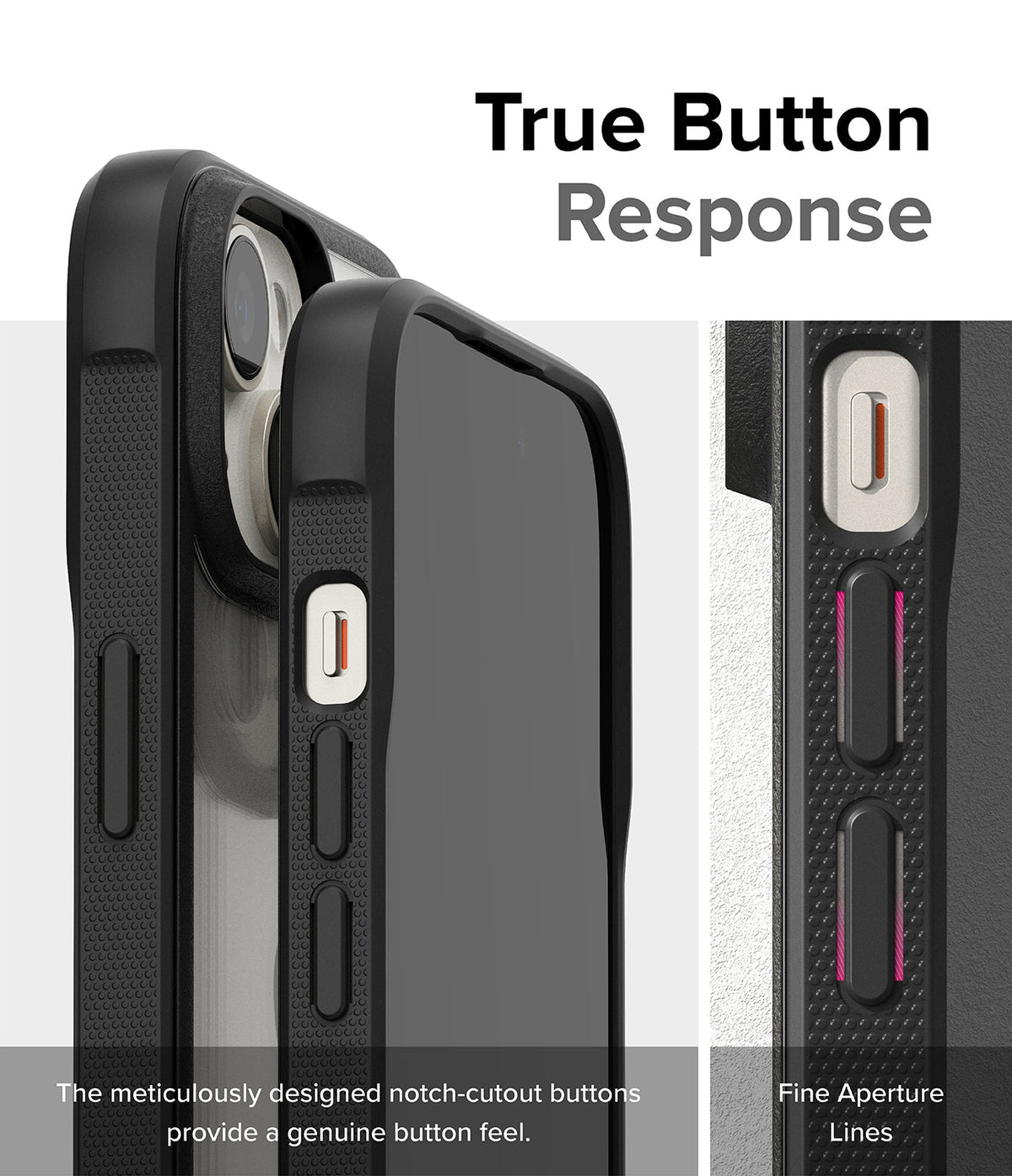 iPhone 15 Case | Fusion Bold - Close-up of black phone case buttons with textured sides and precise cutouts for tactile response.