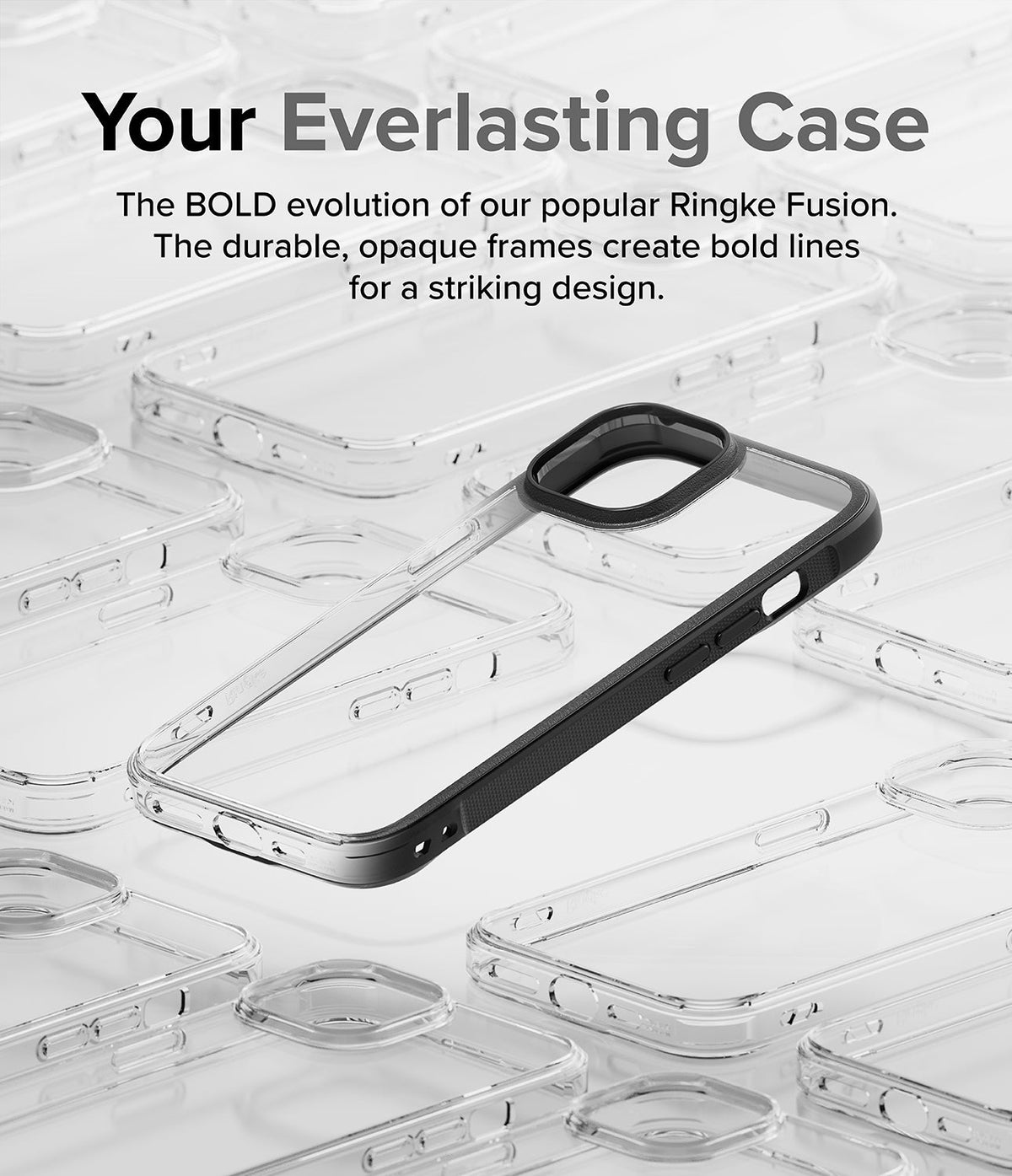 iPhone 15 Case | Fusion Bold - A clear phone case with a black frame and camera bezel, centered among blurred clear cases.