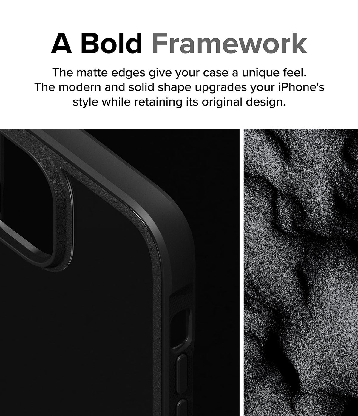 iPhone 15 Case | Fusion Bold - Close-up of a black matte iPhone case frame next to a textured, dark sand-like surface.