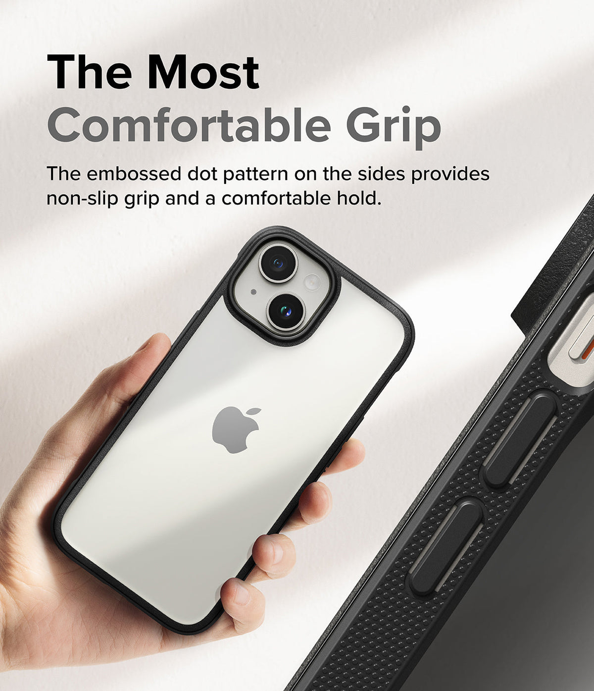 iPhone 15 Case | Fusion Bold - Hand holding a phone with a black case featuring a textured, dotted side grip pattern.