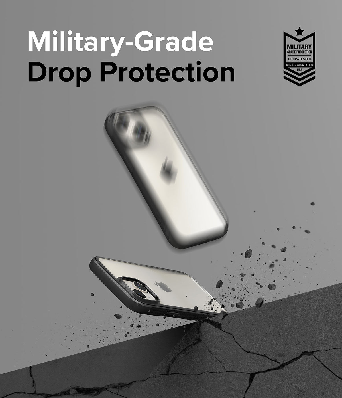 iPhone 15 Case | Fusion Bold - iPhone 15 case bouncing off a cracked surface with military-grade drop protection text and badge.