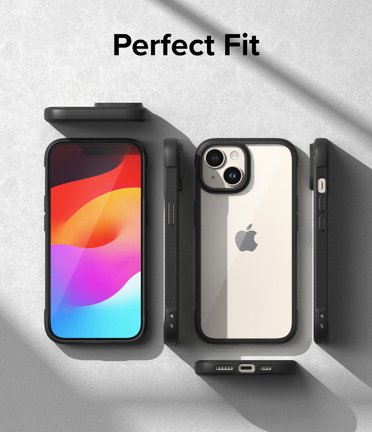 iPhone 15 Case | Fusion Bold - Multiple views of a black phone case showing the front, back, and sides on a gray surface.