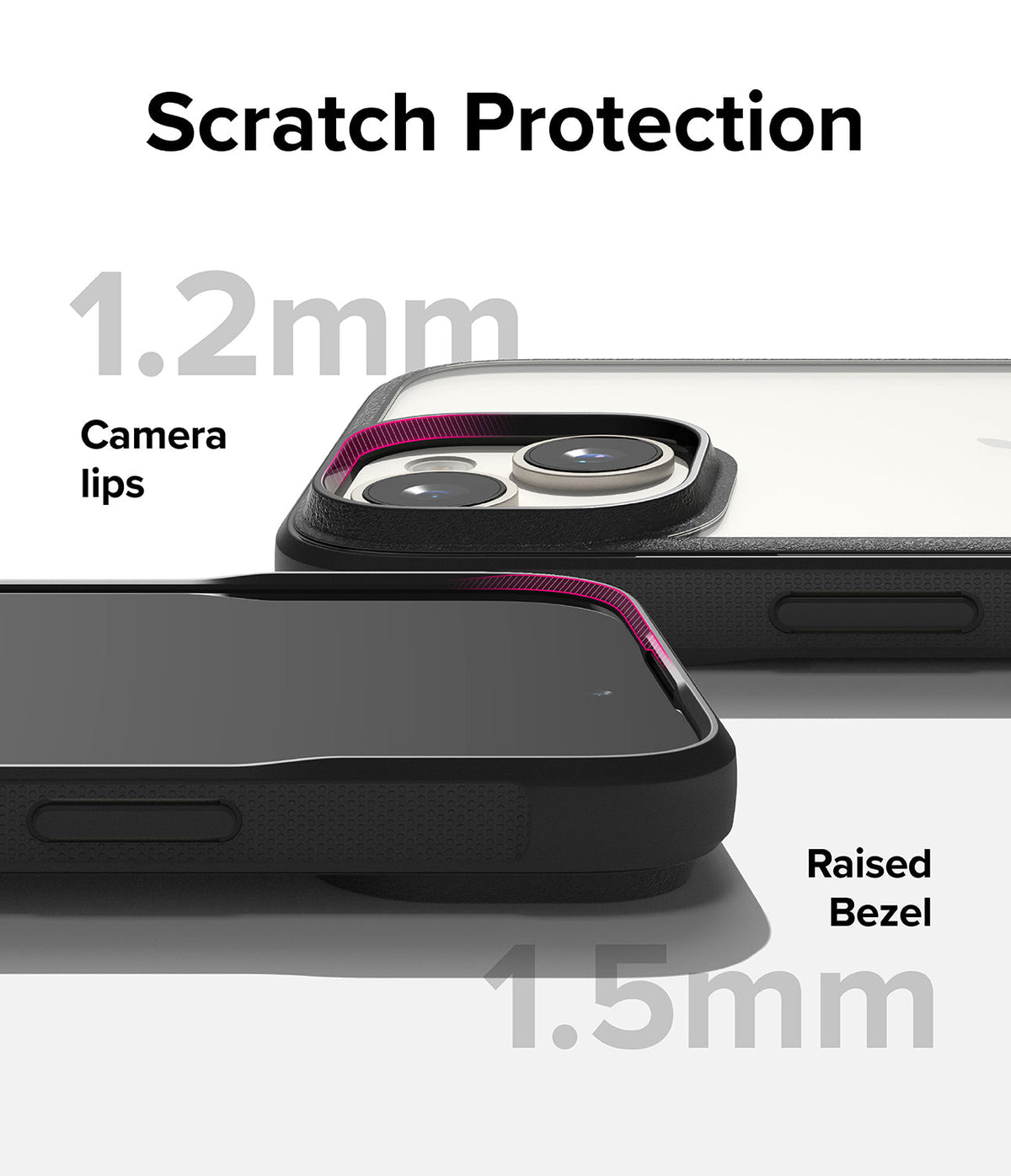 iPhone 15 Case | Fusion Bold - Close-up of phone case showing 1.2mm camera lips and 1.5mm raised screen bezel for scratch protection.