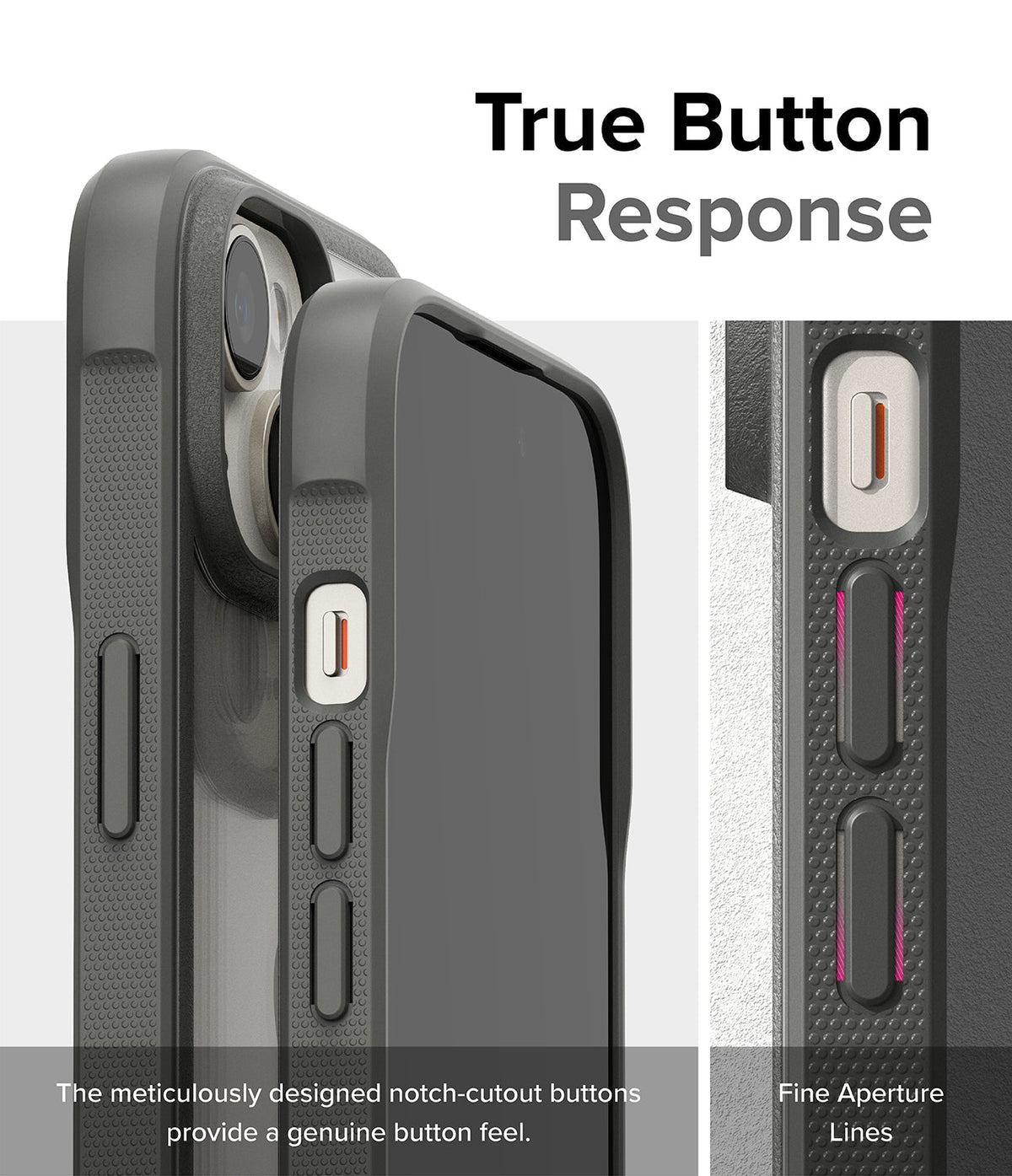 iPhone 15 Case | Fusion Bold - Close-up of phone case buttons with notch-cutouts for tactile response and fine aperture lines.