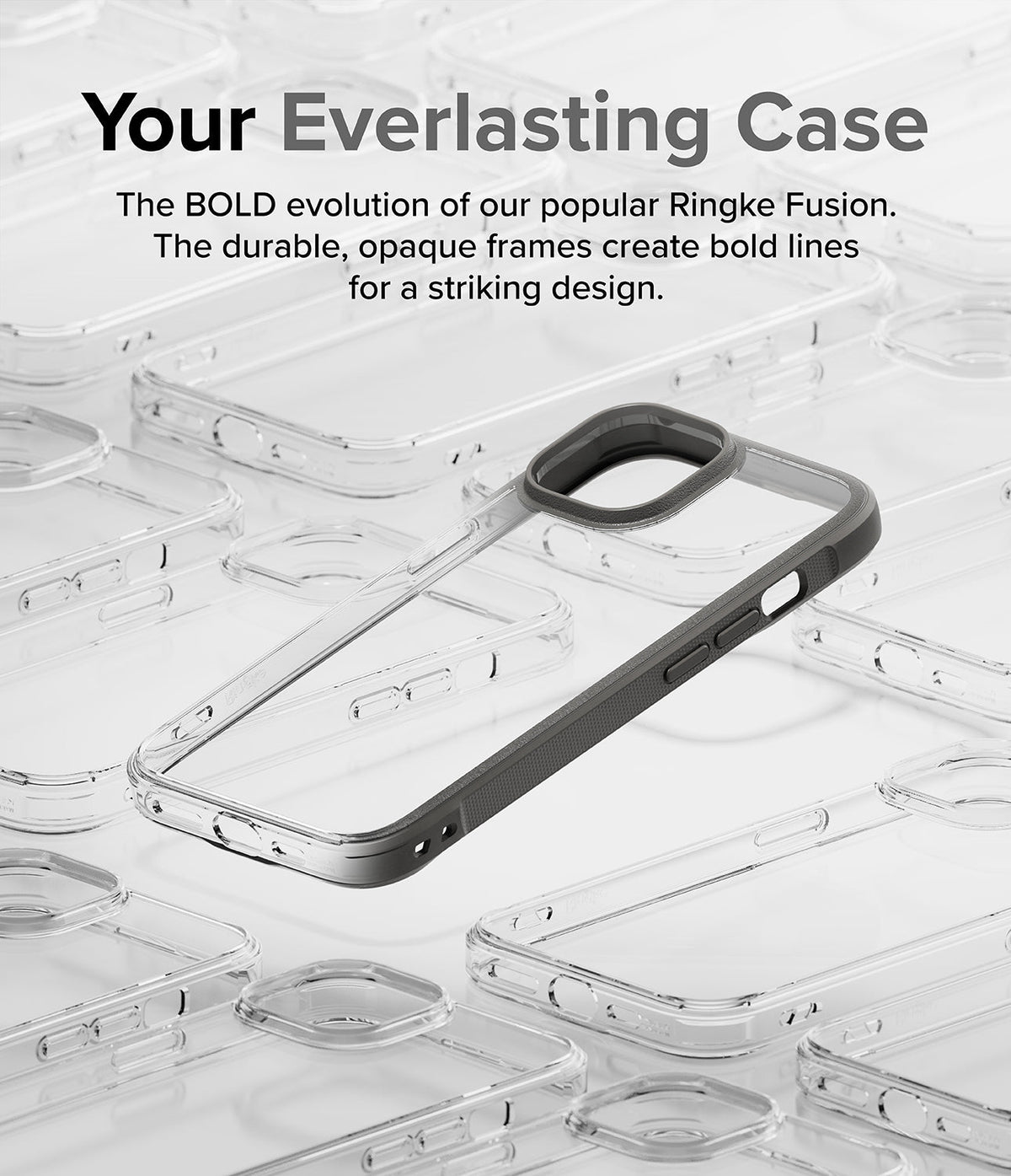iPhone 15 Case | Fusion Bold - A clear phone case with a dark grey frame centered among blurred, transparent cases.