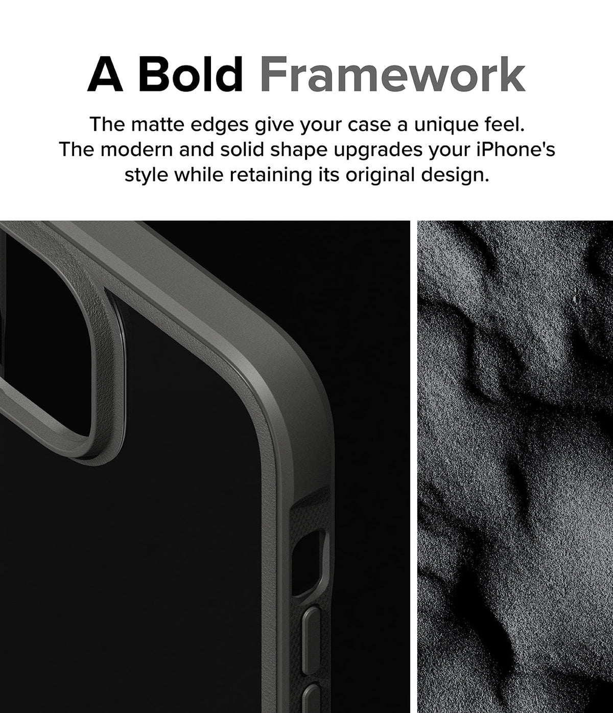 iPhone 15 Case | Fusion Bold - Close-up of a matte gray phone case frame with textured edges next to a dark, grainy surface.