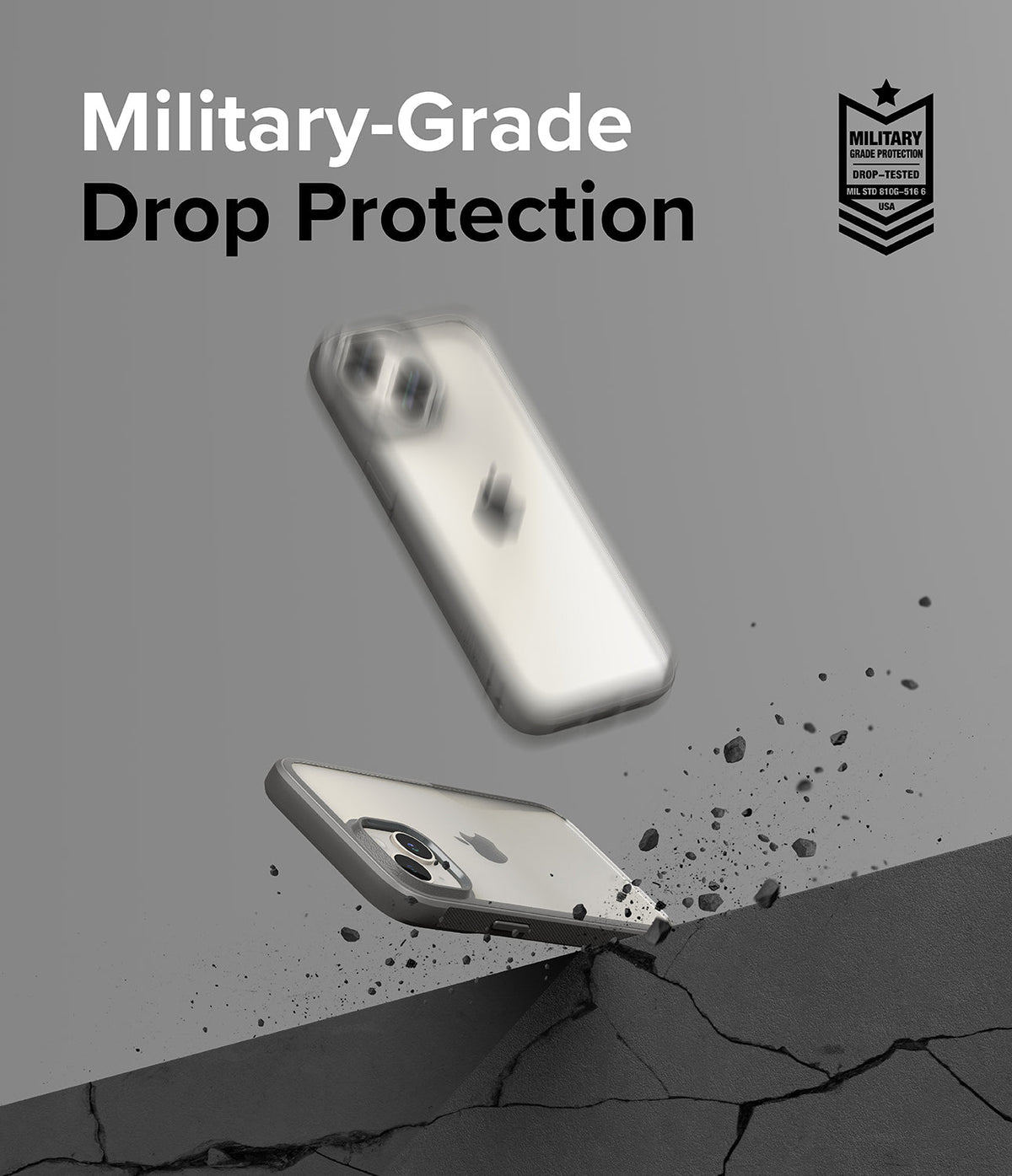 iPhone 15 Case | Fusion Bold - iPhone 15 in a protective case bouncing off a cracked surface with military-grade certification.