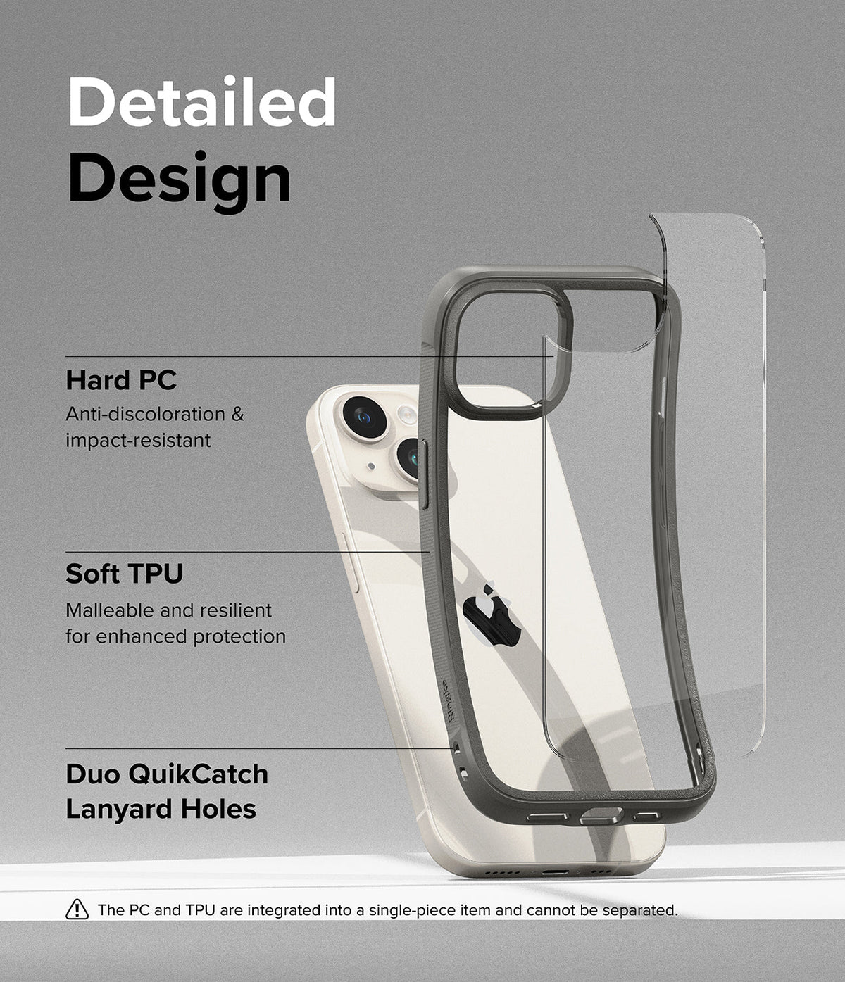 iPhone 15 Case | Fusion Bold - Exploded view of a gray phone case highlighting hard PC, soft TPU, and lanyard holes.