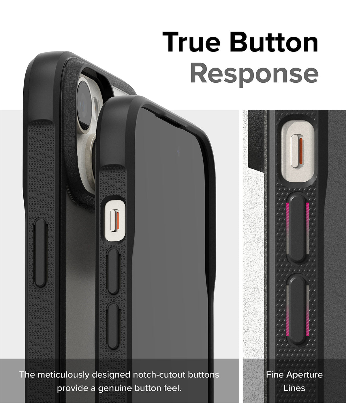 iPhone 15 Case | Fusion Bold - Close-up of black phone case buttons with textured sides and precise cutouts for tactile response.