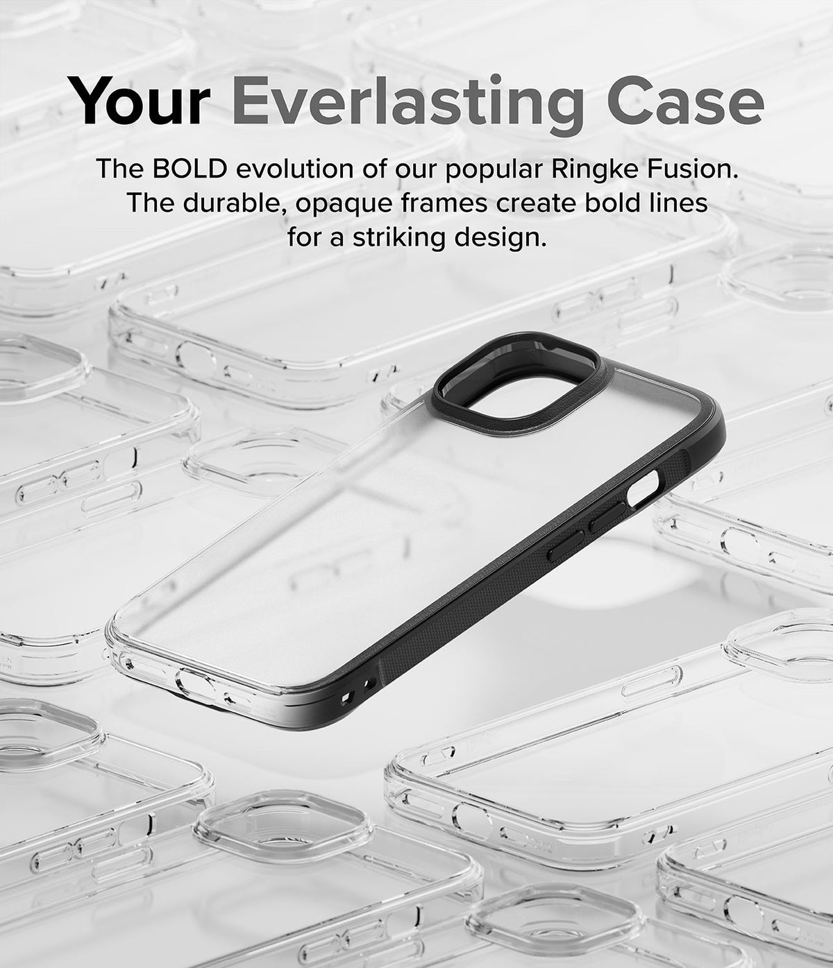 iPhone 15 Case | Fusion Bold - A clear phone case with a black frame centered over a background of multiple clear cases.