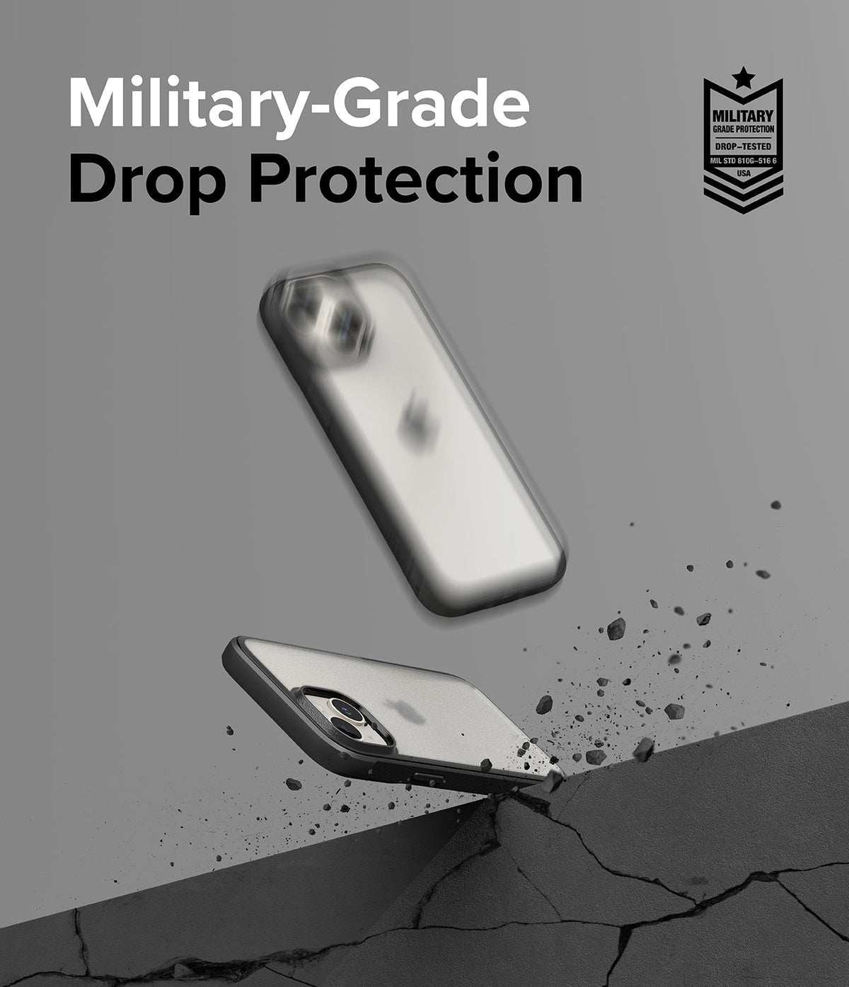 iPhone 15 Case | Fusion Bold - iPhone 15 in a protective case bouncing off a cracked surface with military-grade certification.