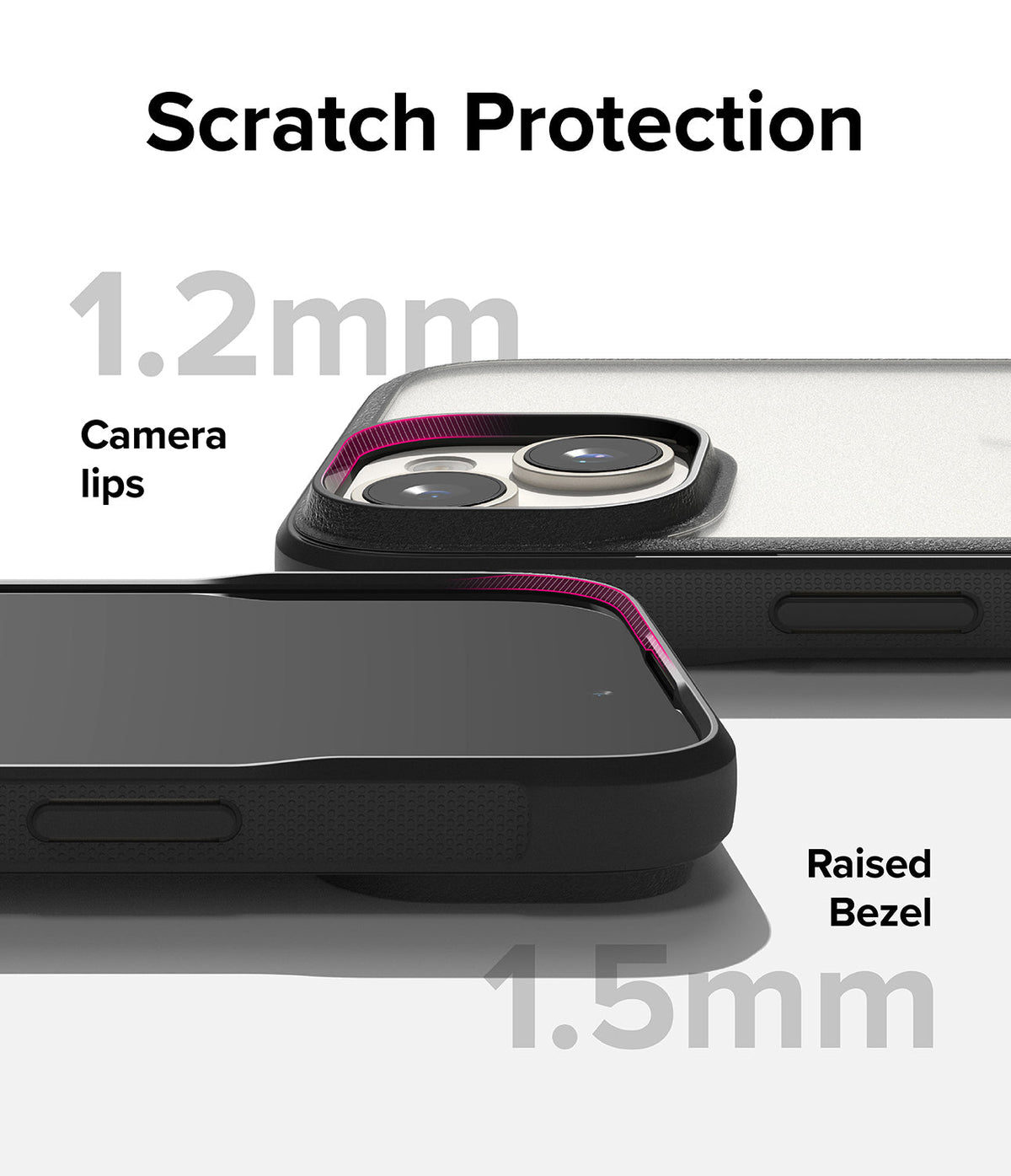 iPhone 15 Case | Fusion Bold - Close-up of phone case showing 1.2mm camera lips and 1.5mm raised screen bezel for scratch protection.