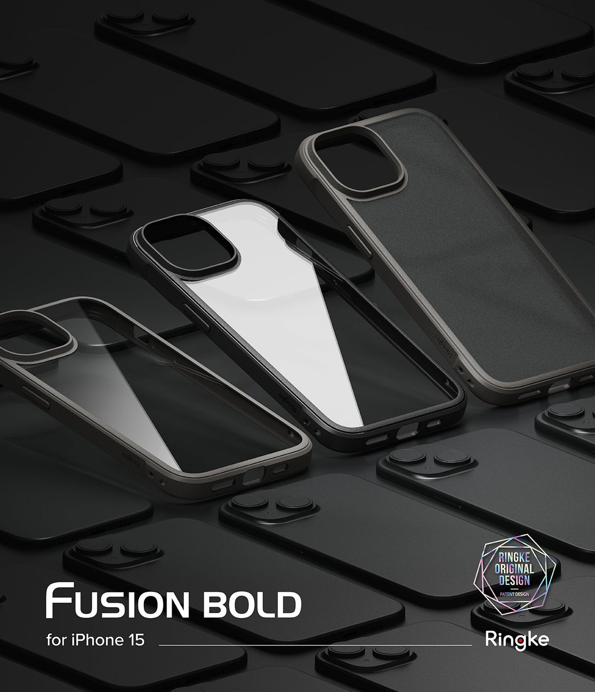 iPhone 15 Case | Fusion Bold - Three Fusion Bold cases arranged on a dark, patterned background of identical phone cases.