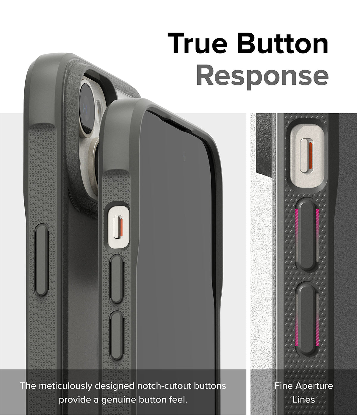iPhone 15 Case | Fusion Bold - Close-up of phone case buttons with notch cutouts for tactile, responsive feedback.