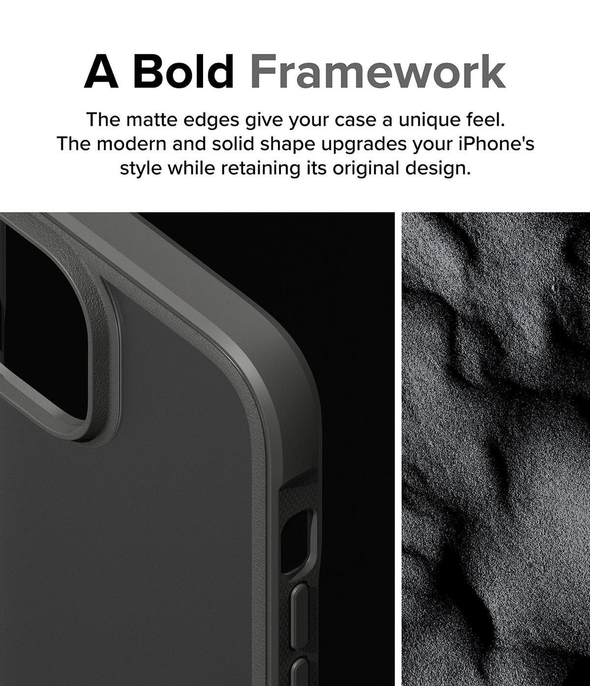 iPhone 15 Case | Fusion Bold - Close-up of a matte black phone case edge next to a textured, dark sand-like surface.