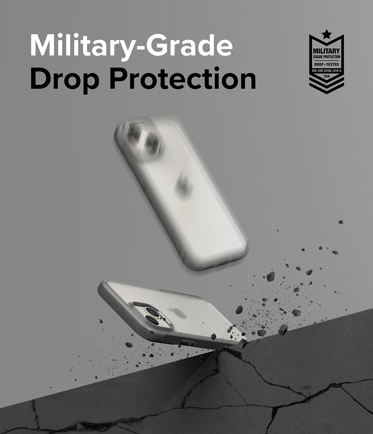 iPhone 15 Case | Fusion Bold - Two iPhones in protective cases falling toward a cracked surface with military-grade badge.