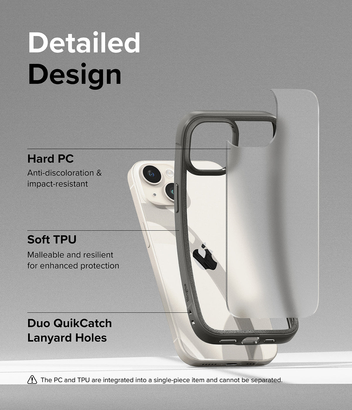 iPhone 15 Case | Fusion Bold - Exploded view of a phone case highlighting hard PC, soft TPU, and lanyard hole features.