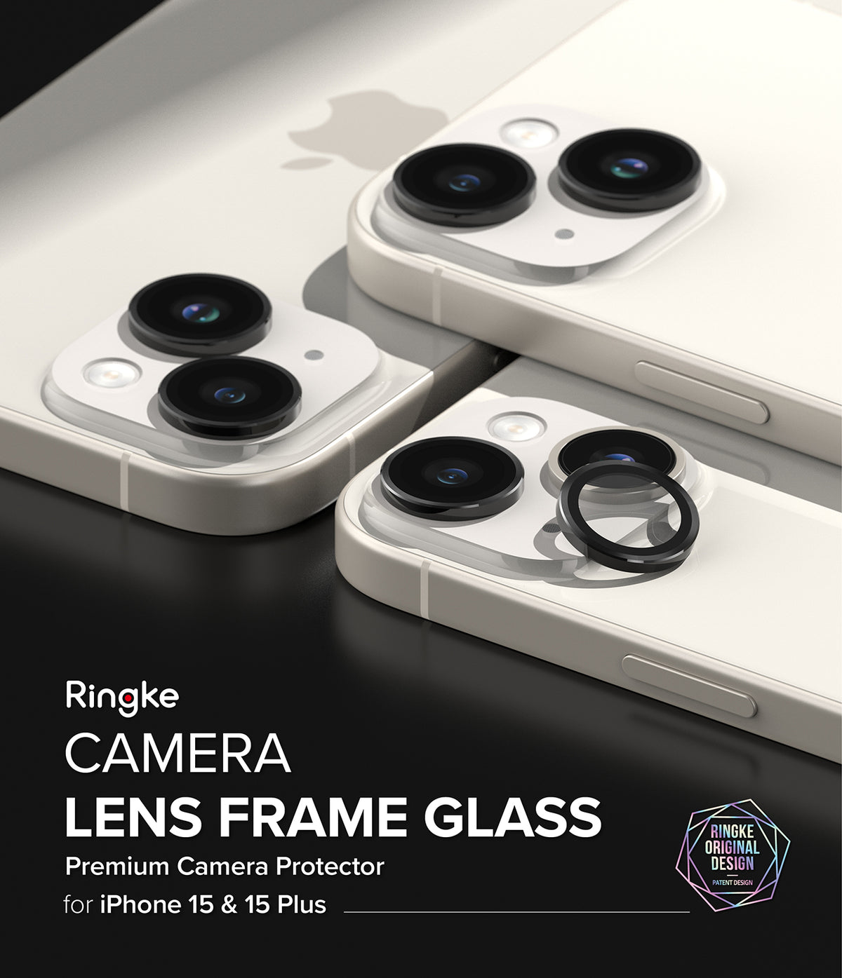 iPhone 15 Plus / 15 | Camera Lens Frame Glass - Black protective rings being applied to iPhone 15 camera lenses.