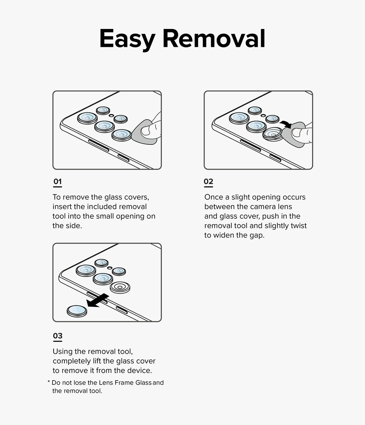 iPhone 15 Plus / 15 | Camera Lens Frame Glass - Three-step diagram showing how to remove lens covers using a tool.