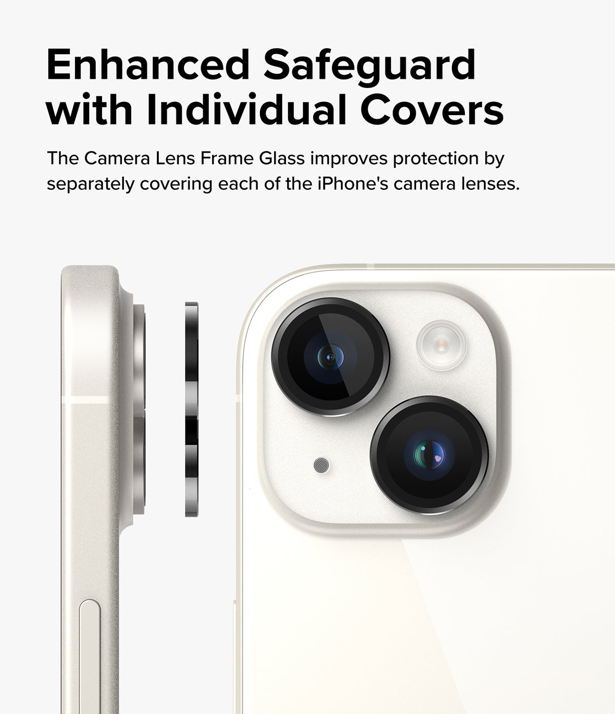 iPhone 15 Plus / 15 | Camera Lens Frame Glass - iPhone 15 Plus / 15 Camera Lens Frame Glass - Individual protective glass covers aligning over iPhone camera lenses.