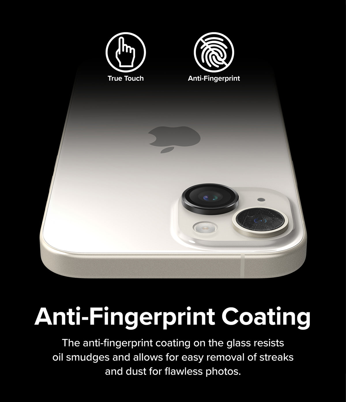 iPhone 15 Plus / 15 | Camera Lens Frame Glass - iPhone 15 Plus / 15 Camera Lens Frame Glass - iPhone back with lens protectors highlighting anti-fingerprint features.