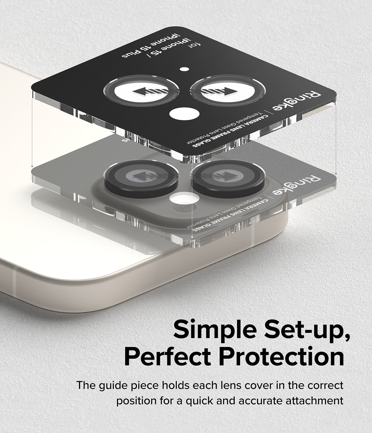 iPhone 15 Plus / 15 | Camera Lens Frame Glass - Installation guide aligning lens protectors onto an iPhone camera.