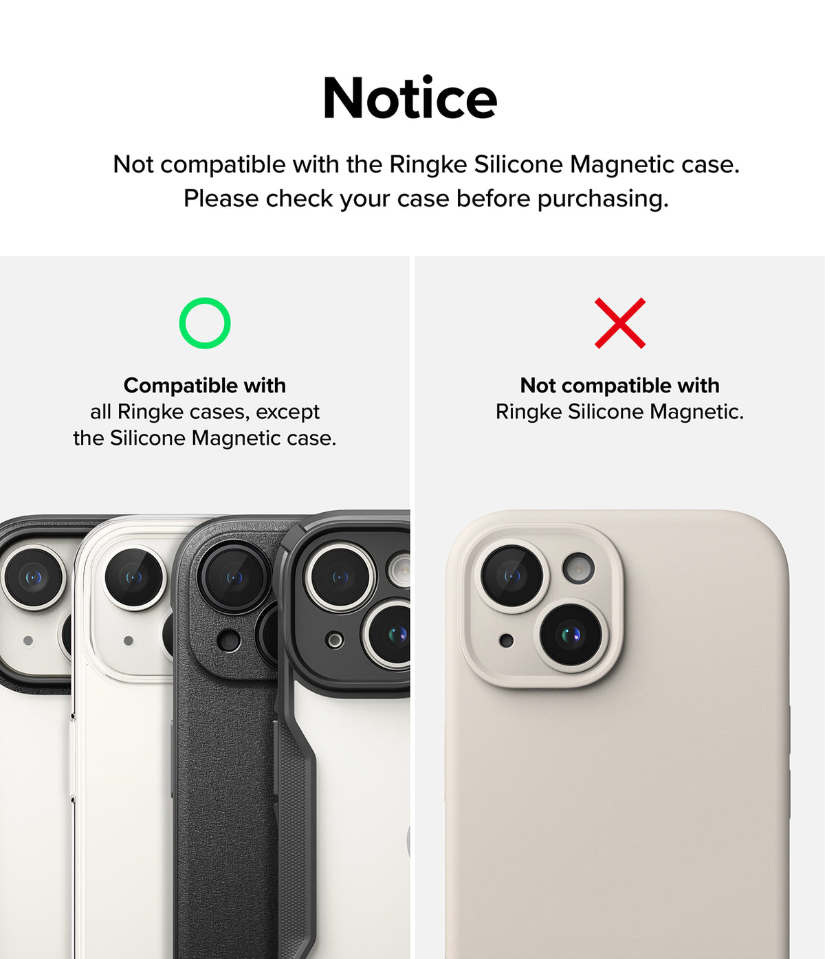 iPhone 15 Plus / 15 | Camera Lens Frame Glass - Compatibility chart showing Ringke cases vs. Silicone Magnetic case.