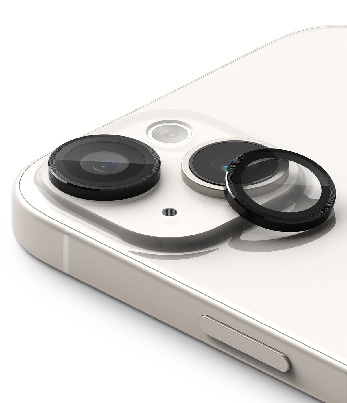 iPhone 15 Plus / 15 | Camera Lens Frame Glass - iPhone 15 Plus / 15 - Camera lens protector being applied to the dual-lens array of a white iPhone.