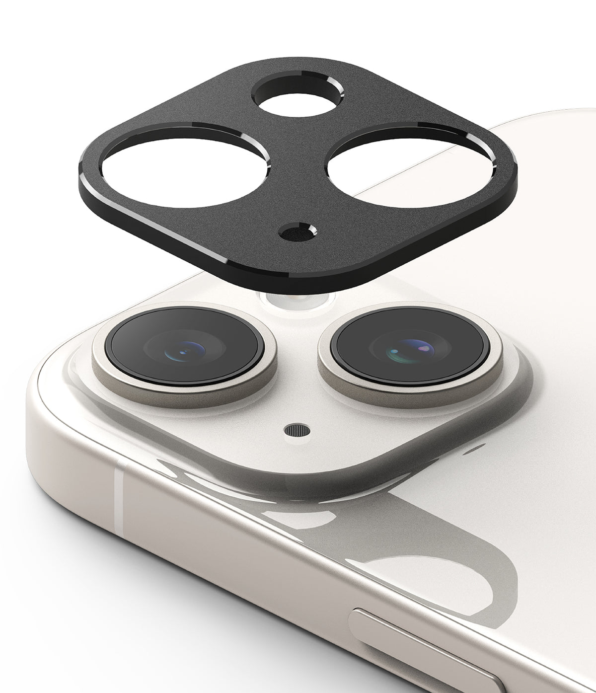 iPhone 15 Plus / 15 | Camera Styling - iPhone 15 Plus / 15 Camera Styling - A black protective lens cover hovering above the dual-camera array of a white iPhone.