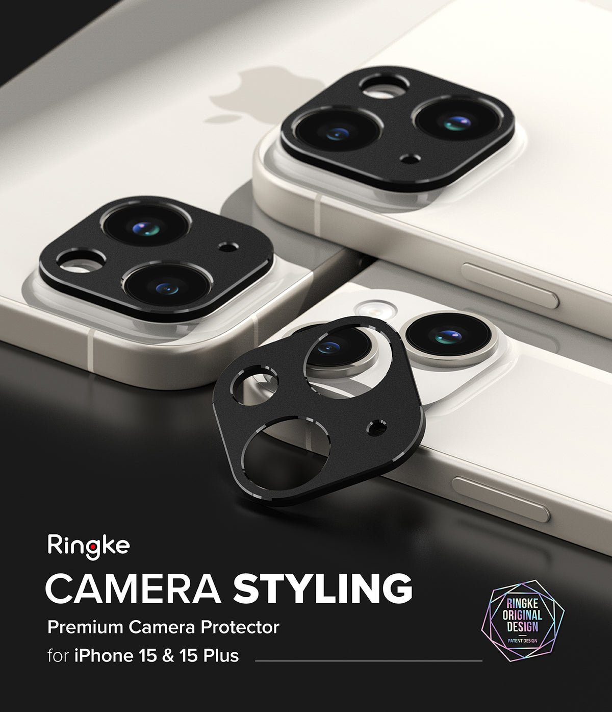 iPhone 15 Plus / 15 | Camera Styling - Black metal camera lens protectors applied to white iPhone 15 models.