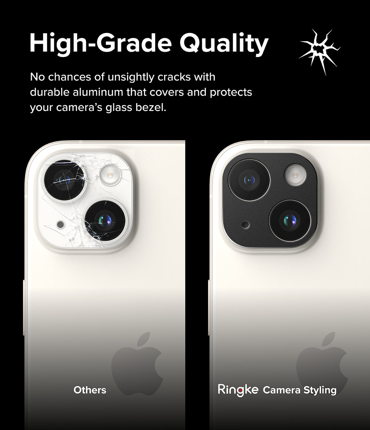 iPhone 15 Plus / 15 | Camera Styling - Comparison of a cracked phone camera lens versus one protected by a Ringke aluminum cover.