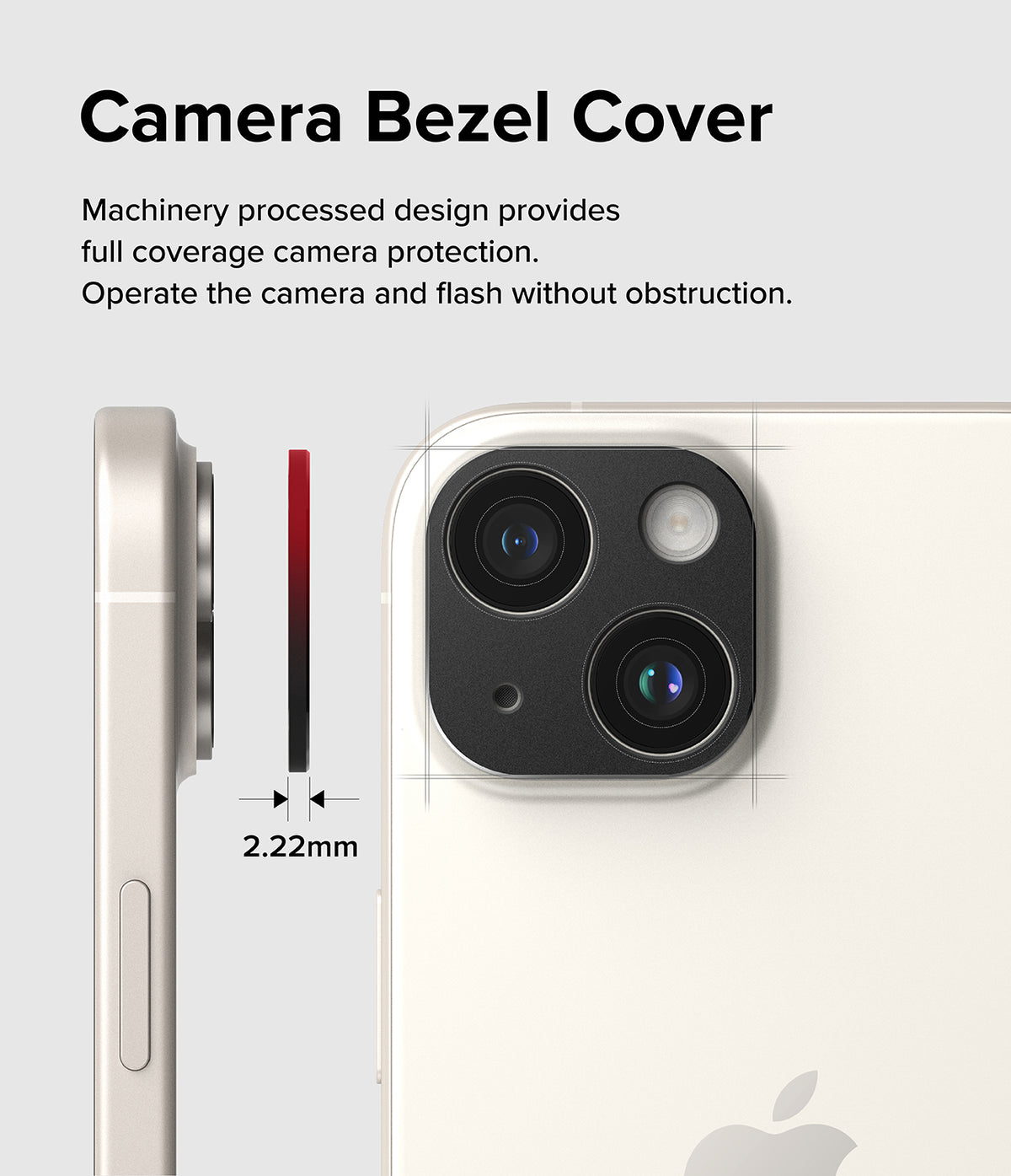 iPhone 15 Plus / 15 | Camera Styling - Side and rear view of a phone showing a 2.22mm thick protective camera bezel cover.